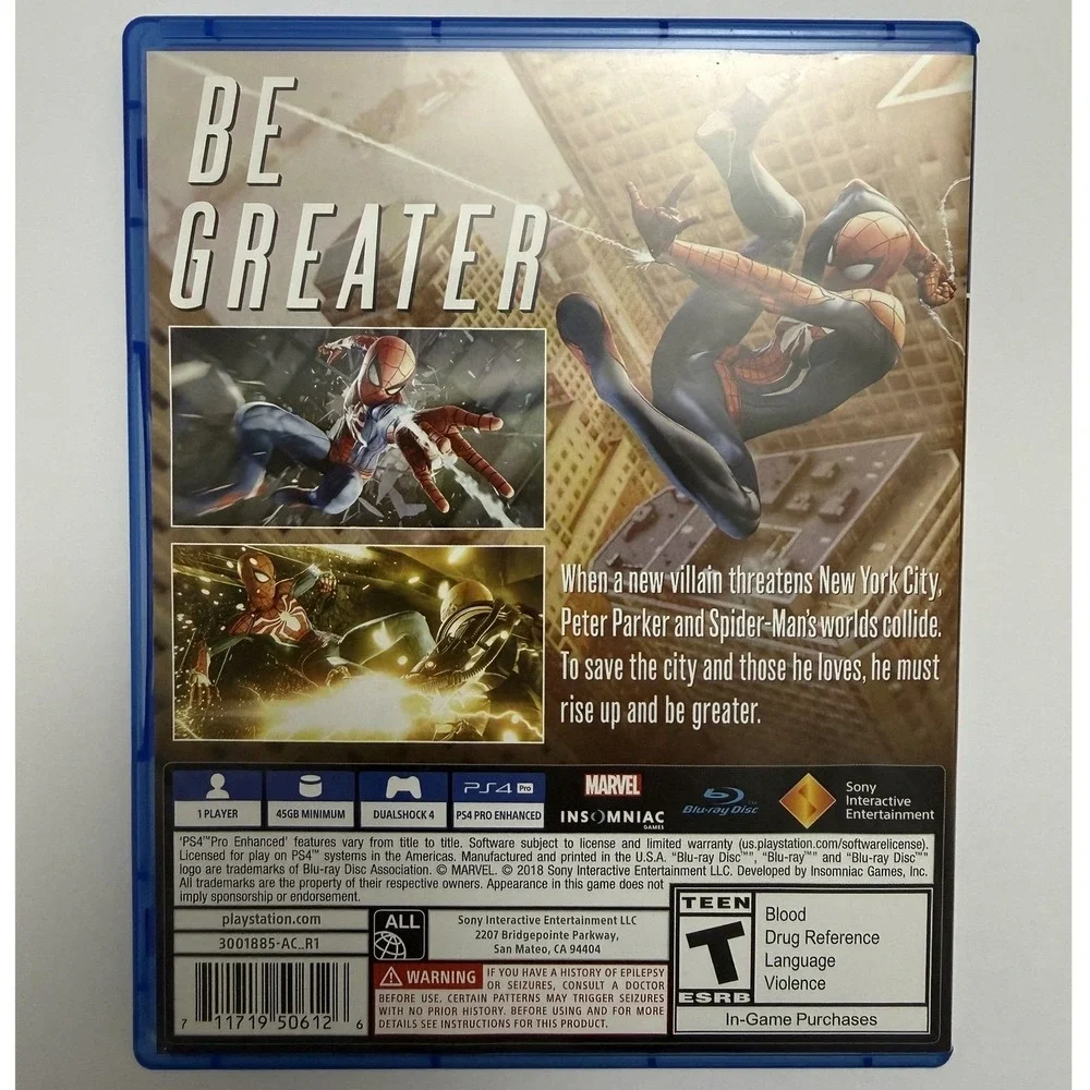 Marvel Spider-Man (Sony‎ PlayStation 4, 2018) PS4 Case & Disc Insomniac